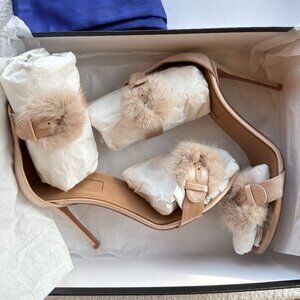AQUAZZURA Sinatra Ankle Strap Sandal - Satin & Mink Fur in Powder Pink - Size 7